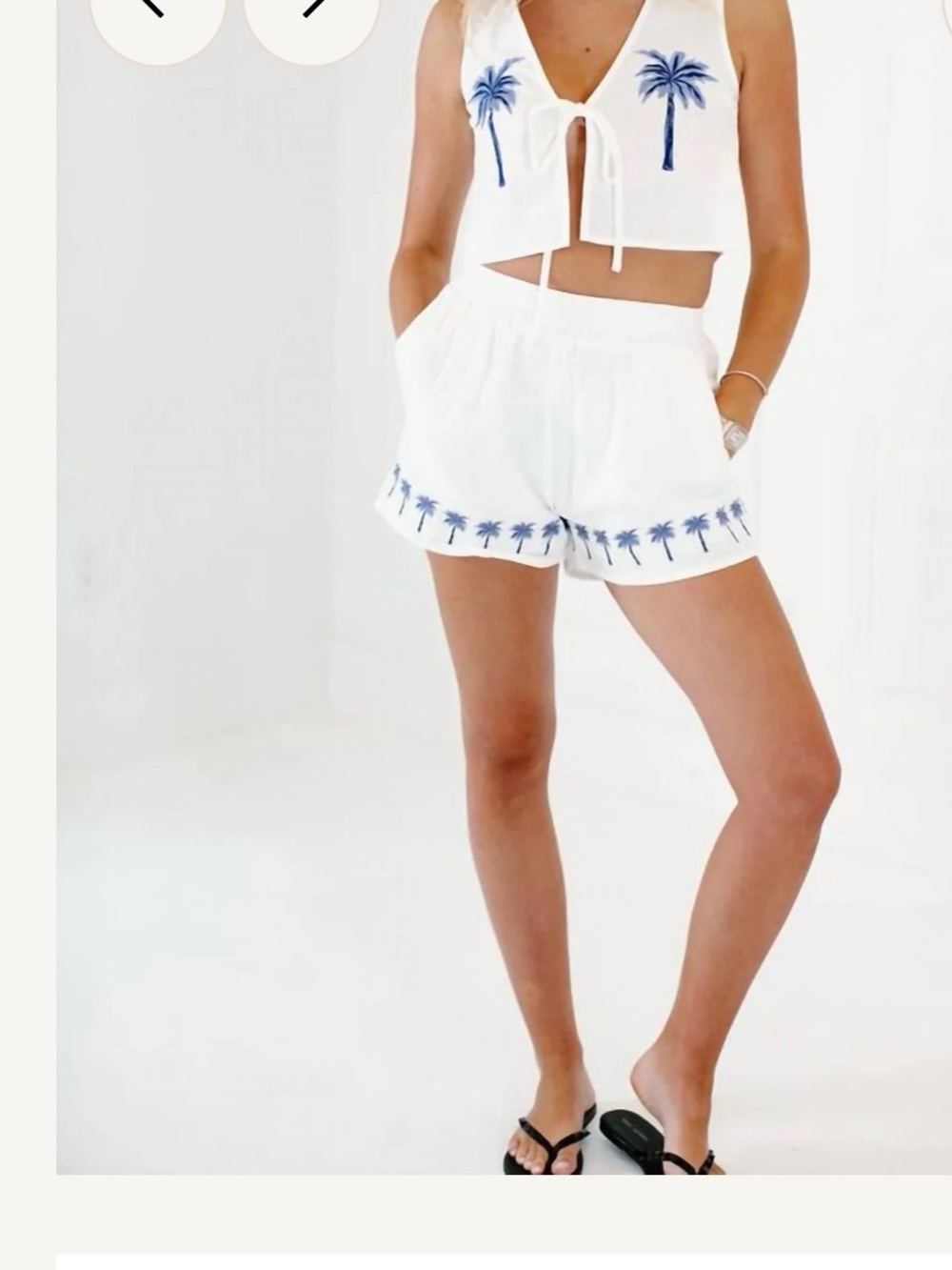 MINKPINK White High Waist Shorts Set with Blue Palm Embroidery - Picture 8 of 8
